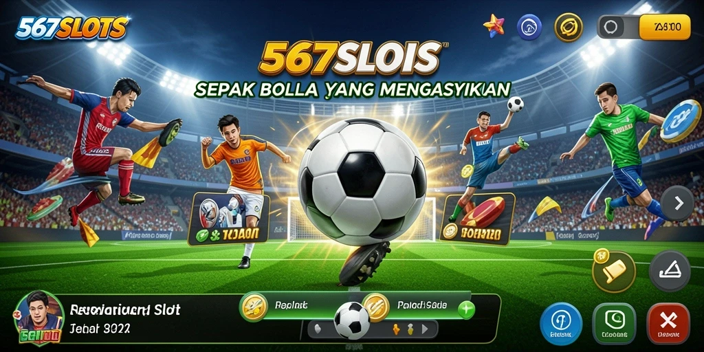 Screenshot 567SLOTS menampilkan gameplay slot sepak bola yang seru.