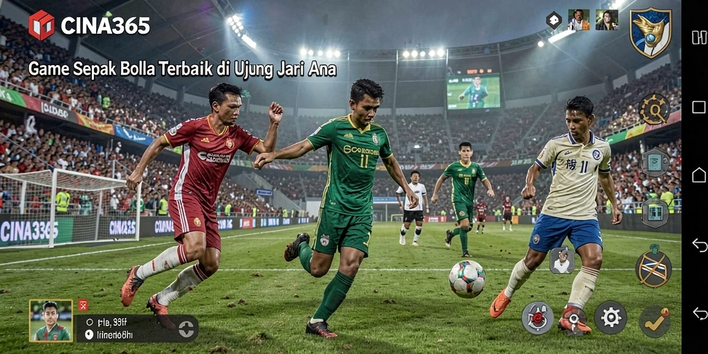 Screenshot utama CINA365 menampilkan aksi seru di lapangan sepak bola.