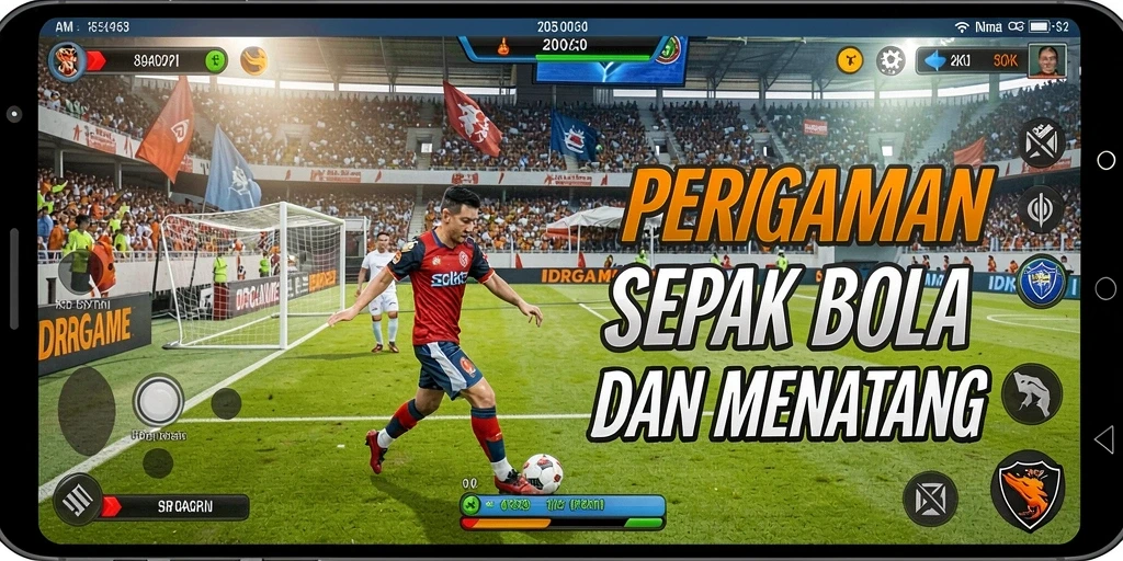 Tampilan gameplay <strong>IDRGAME</strong> saat aksi di lapangan sepak bola.