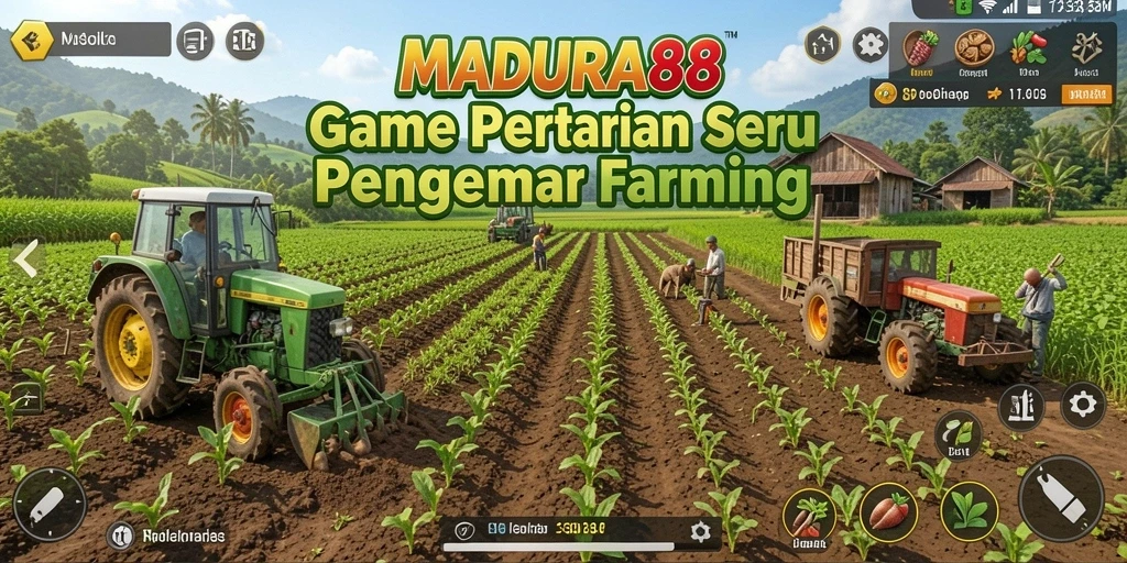 Tampilan gameplay MADURA88 dengan aktivitas berkebun dan panen.